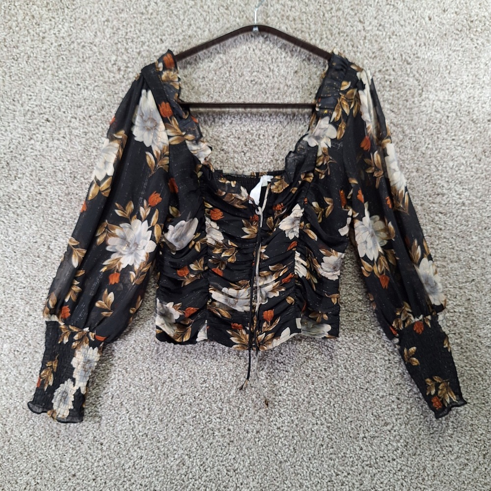 ASTR The Label Blouse Womens L Black Floral Ruched Metallic Long Sleeve Cropped